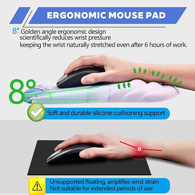 Ergonomic Mouse Pad with Wrist Rest Milk Silk Fabric Durable Silicone Filling Non-Slip Pu Base Massage Design Pain Relief Mousepad for Wireless Mouse and Desk 12x8inch Pink Marble