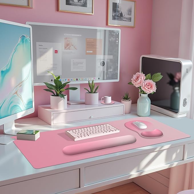 4-in-1 Large Gaming Mouse Pad Keyboard Wrist Rest Pad &amp Wrist Support Mousepad Set Extended Desk Pad Waterproof Desk Mat for Home Office Decor Study Game 35.4×15.7 Inches I Gradient Pink Blush