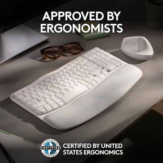 Logitech Wave Keys Wireless Ergonomic Keyboard with Cushioned Palm Rest Comfortable Natural Typing Easy-Switch Bluetooth Logi Bolt Receiver for Multi-OS Windows/Mac - Off White