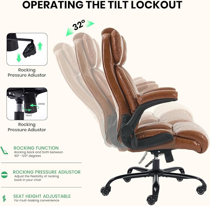 500lbs Big and Tall Office Chair Adjustable Lumbar Support for Back Pain Extra Wide Seat Executive Office Chair Thick Armrest Pad Heavy Duty Base&ampUpgraded Wheels Ergonomic Comfy Computer Desk C