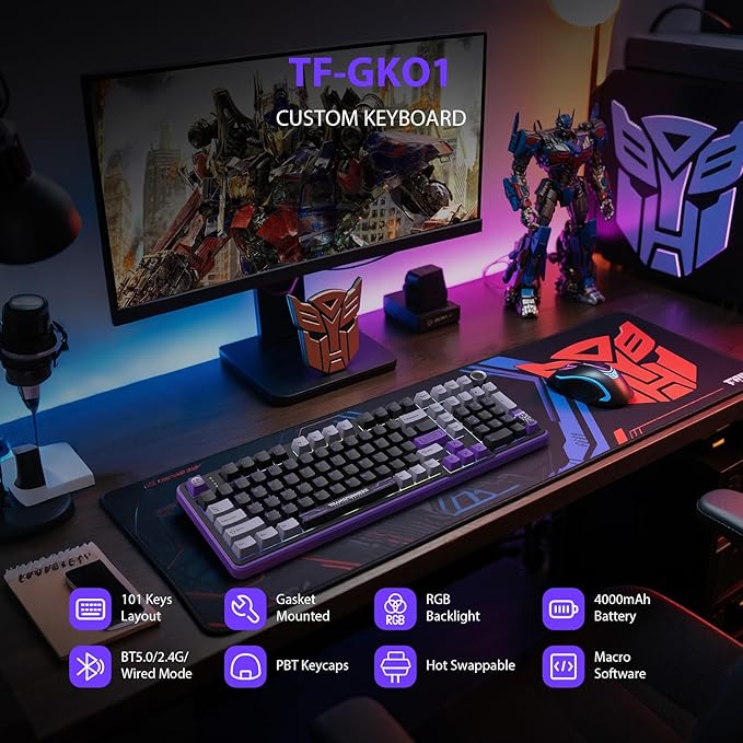 Transformers GK01 Wireless Mechanical Keyboard with Knob101 Keys RGB Creamy Gaming Keyboard BT5.0/USB-C/2.4GHzPre-lubed Linear SwitchesHot Swappable Custom Computer Keyboards(Megatron Black)