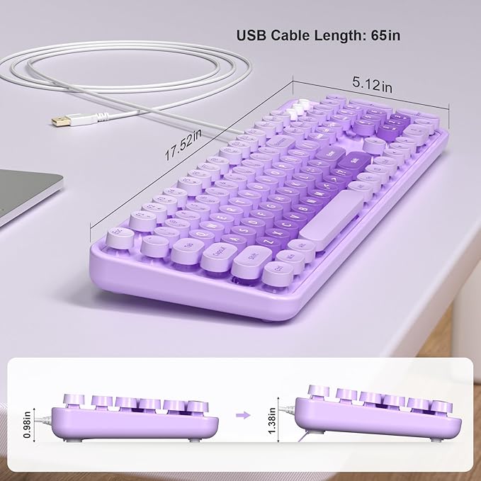 Large Print Keyboard Wired Full Size Wired Retro Round Keyboard with Foldable Stands Plug and Play for Laptop and Office PC- Purple Colorful