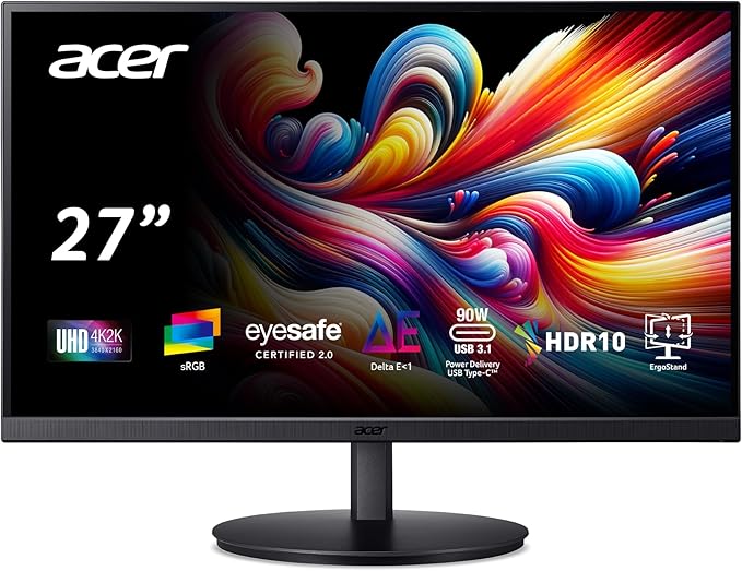acer 27 Inch 4k IPS Monitor for Home Office &amp Creators | 99% sRGB Color Accuracy | 90w USB-C Port Charges and Connects | Adjustable Height Tilt Swivel Pivot | USB-C DP &amp HDMI | CB272K