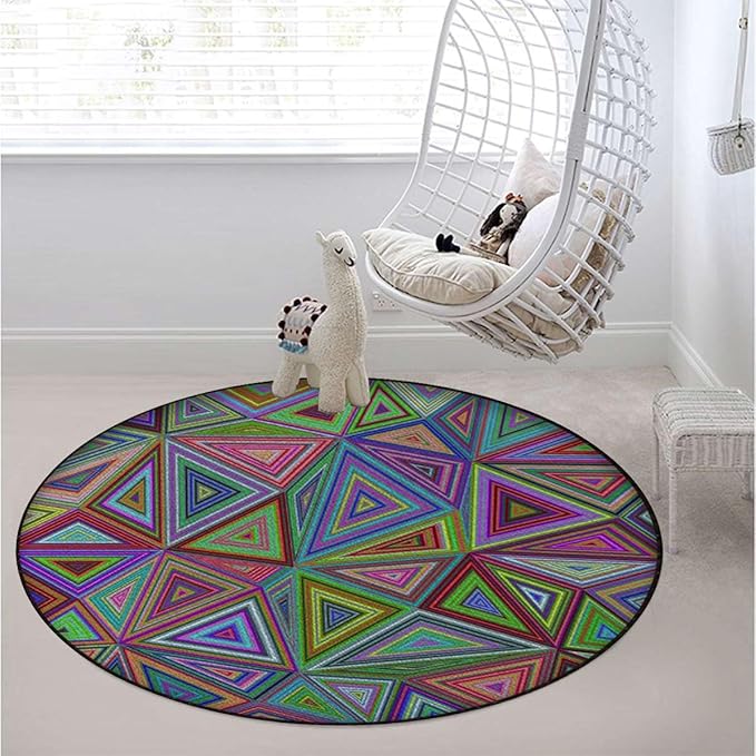 Multicolor Round Area Rug Machine Washable Non Slip Indoor Sofa Floor Area Mat Carpet for Living Room Sofa Bedroom Nursery Decor Modern Design in Rainbow Colors Triangles Diameter 47.2 in