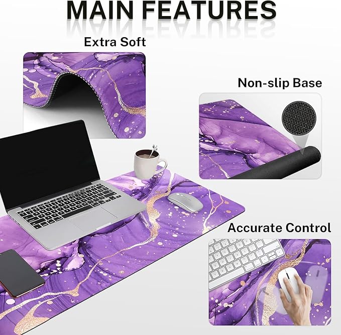 Arttown Purple Gold Marble Desk Mat Abstract Marble Mouse Pad Set 4 in 1 Ergonomic Design Large Mousepad + Keyboard Wrist Rest + Mouse Wrist Rest + Coaster Suitable for Home Office Study Game