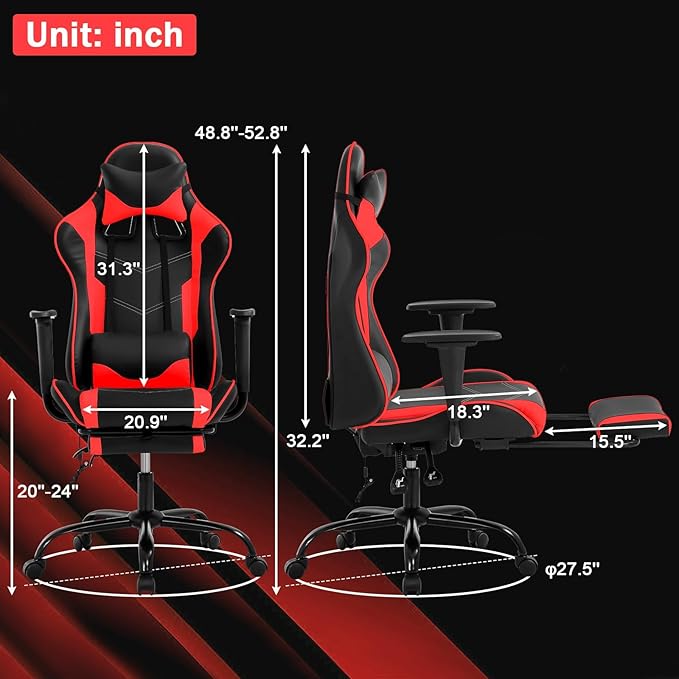 Red PC Gaming Chair Ergonomic Racing Office Chair Video Game Chair Massage Lumbar Support with Arms Footrest &amp Headrest Nice Chic Desk Chair Adjustable Best Home Office Chair