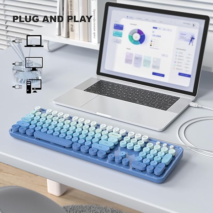 Computer Keyboard Wired Plug and Play USB Retro Round Typewriter Keyboard Full Size Wired Keyboard with Foldable Stands for Laptop and Office PC- Blue Gradient