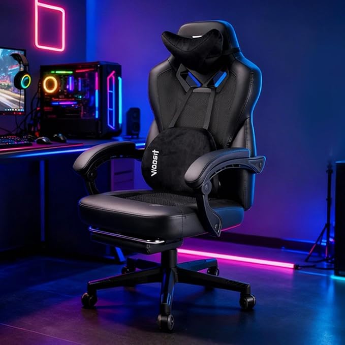 Gaming Chair PRO Ergonomic Gaming Chairs for Adults Heavy People Massage Reclining Office Desk Computer Chair with Footrest and Lumbar Support Big Tall Mesh Gamer Chair with Cushion (Black)