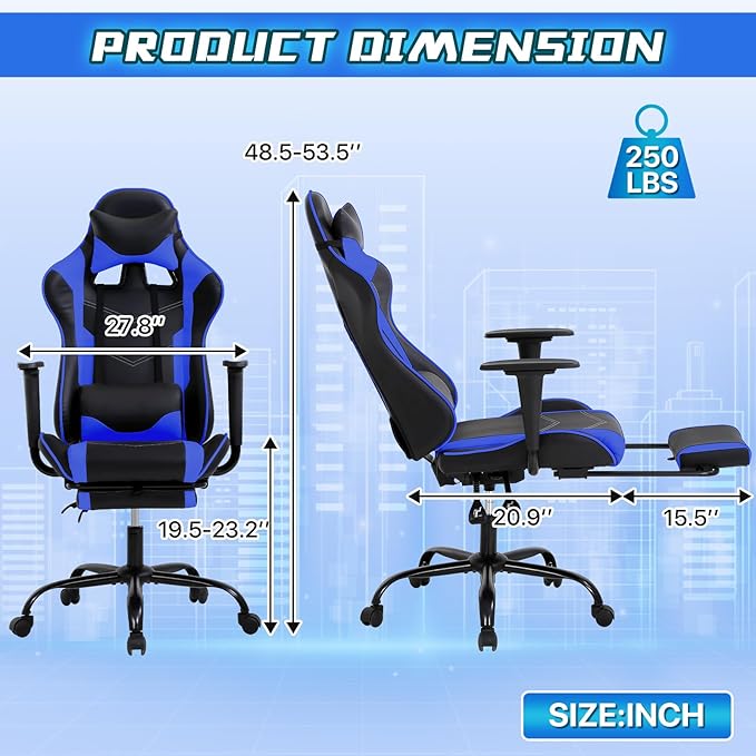 Ergonomic Gaming Chair - Reclining Computer Chair with Lumbar Support &amp Headrest Pillow Adjustable Footrests 90-135° Recline for Home Office &amp Gaming Heavy Duty 250lbs Capacity Blue
