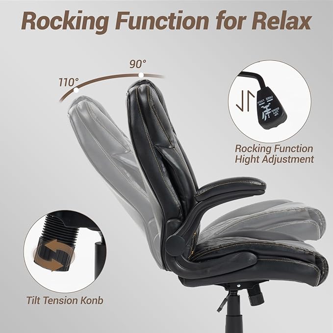 Big and Tall Heavy Duty Office Chair with Flip Up Arms – 450LBS Ergonomic Executive Home Desk Chair w/Wide Seat High Back PU Leather Adjustable Height &amp Rocking Function Black