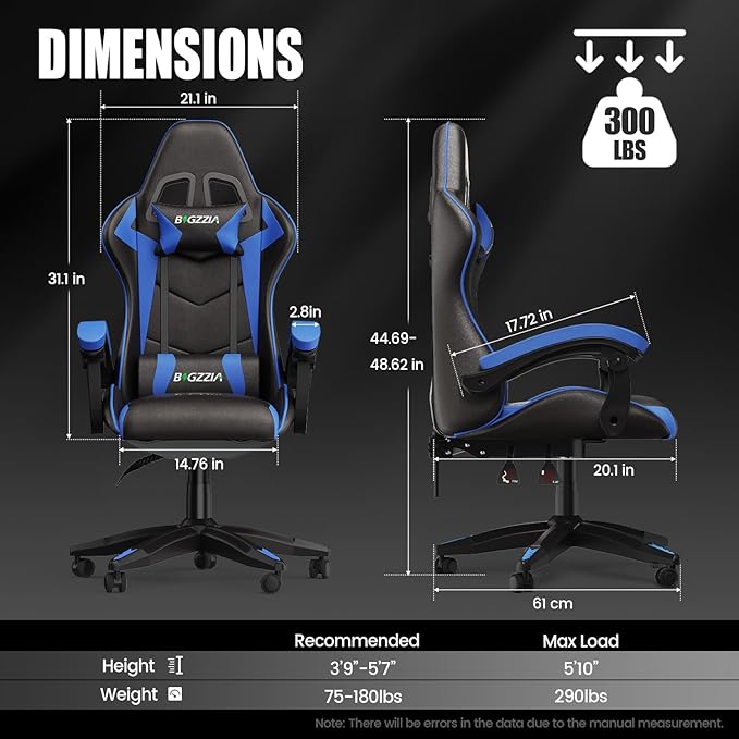 Bigzzia Gaming Chair Computer Game Chair with Lumbar Support Comfortable Video Game Chairs for Adults Kids Racing Style Gamer Chair with 360°-Swivel Seat and Headrest（Blue）