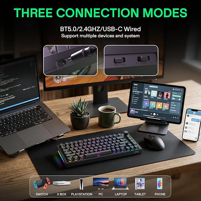 HINATSUSIKE H83 Pro 75 Percent Wireless Mechanical Keyboard for Gaming Hot-Swappable with Knob RGB Backlit Pre-Lubed Cardamom Linear Switches Side-Printed PBT Keycaps 2.4G/BT5.0/USB-C Black