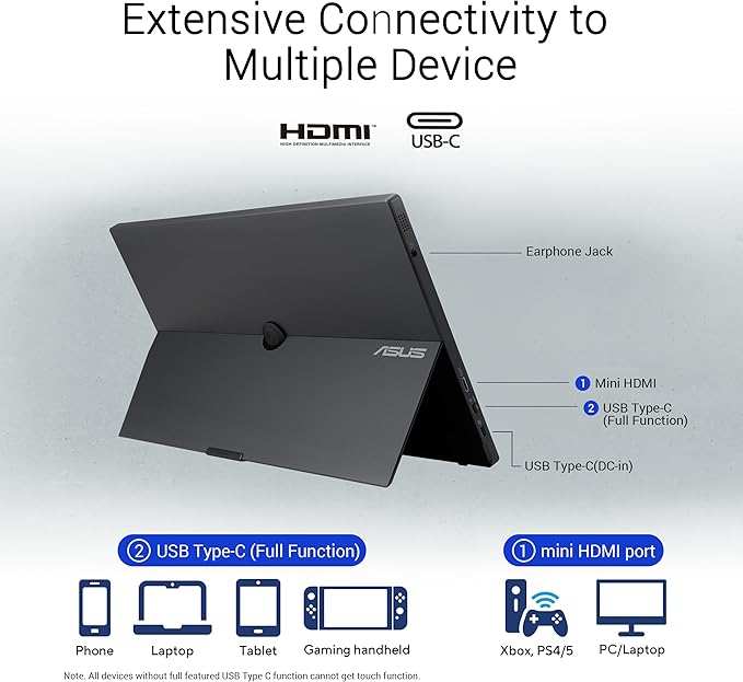 ASUS ZenScreen Touch 16” USB-C Portable Monitor (MB16AMTR) - Full HD IPS Built-in Battery Kickstand Tripod Socket Eye Care Compatible with Laptops Smartphones and Game Consoles 3 yr Warranty