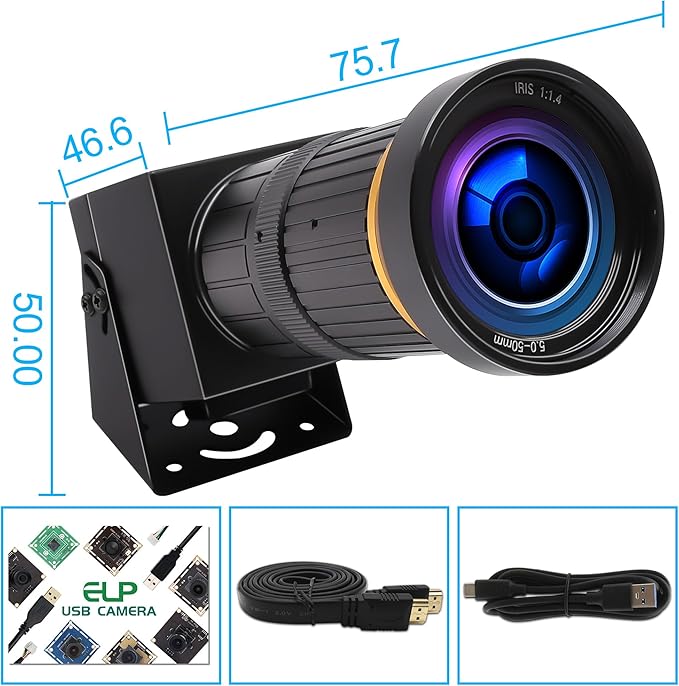 4K 60FPS H.264 Webcam HDMI USB3.0 Simultaneous Streaming Industrial Camera with Close-up 5-50mm Varifocal Lens for PC Windows Linux Mac Android