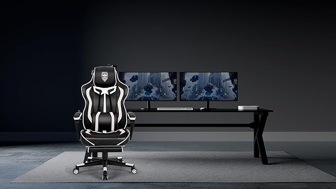 Vonesse Gaming Chair with FootrestReclining Computer Gaming Chair for AdultsBig and Tall Gamer Chair with MassageErgonomic High Back (White/Black)