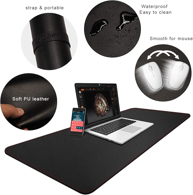 ZORESYN XXL Desk Mat - 43.3x19.7 PU Leather Desk Pad for Office &amp Home Waterproof and Durable Desk Protector for Keyboard and Mouse (Black)