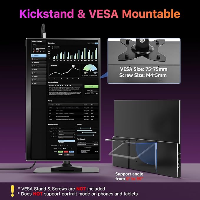 Portable Monitor 18.5 inch 2K QHD 120% sRGB 120Hz Travel Monitor for Laptop MacBook Surface PC Xbox PS5 HDMI USB-C VESA Compatible Built-in Speaker