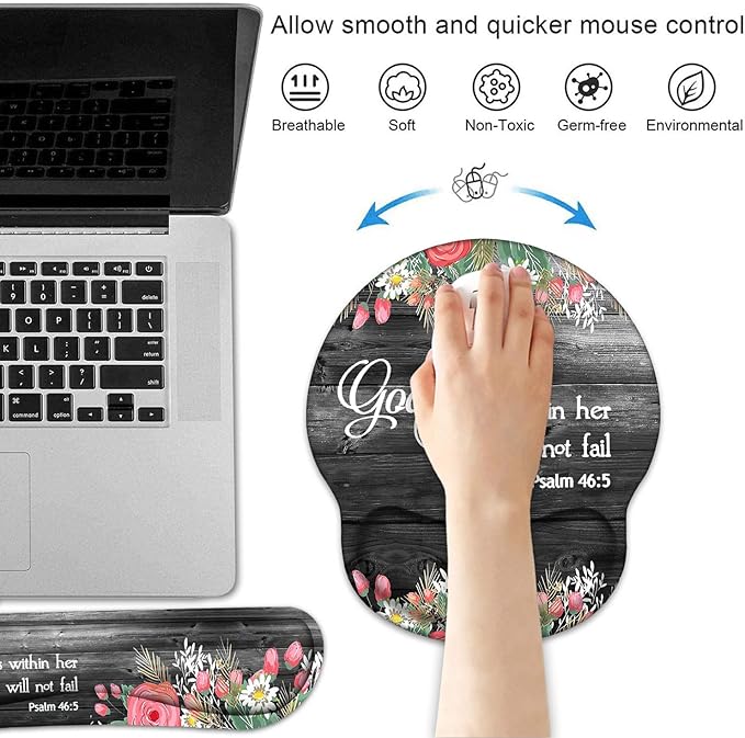 Keyboard Wrist Rest and Mouse Pad Wrist Support Set with Coasters Ergonomic Gaming Mousepad for Home Office Working Studying Easy Typing &amp Pain Relief Floral Quote Bible Verse Psalm 46:5