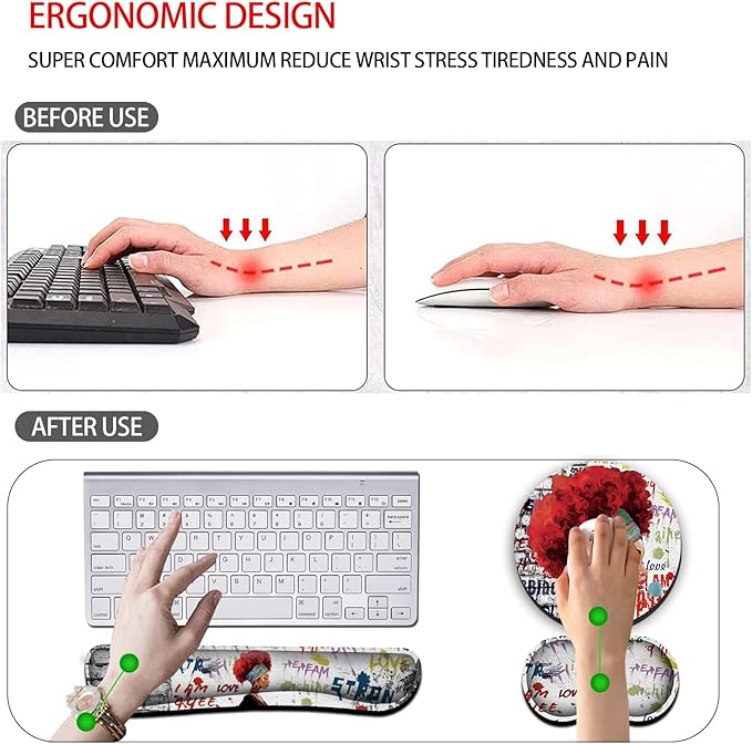 Keyboard Wrist Rest +White Mouse Pad + Mouse Wrist Rest Support Set+ Coaster Ergonomic Memory Foam4Pcs Keyboard Mouse Pad Set for Computer Home &amp Office African Woman Graffiti Girls