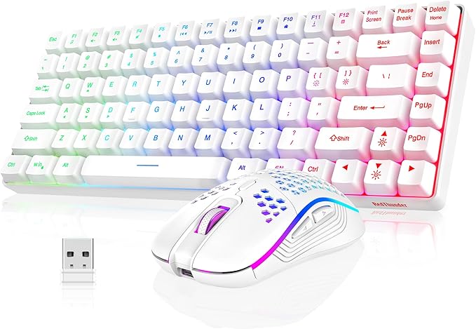 RedThunder K84 Wireless Keyboard and Mouse Combo Rainbow Backlit Rechargeable Battery 75% Layout TKL Ultra Compact Gaming Keyboard &amp Lightweight 3200 DPI Honeycomb Optical Mouse (White)