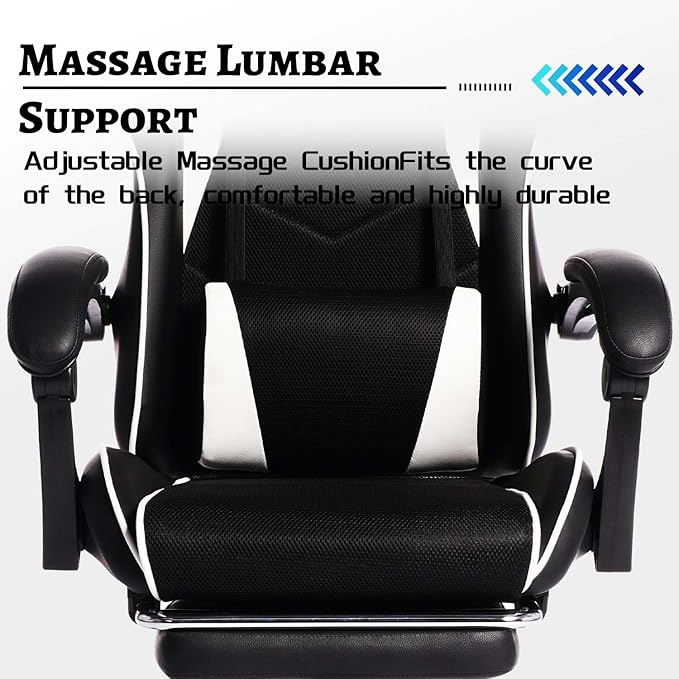Gaming Chair with Footrest &amp Massage Comfortable Game Chair for Adults Gaming Desk Chairs with Headrest and Lumbar Cushion for Work and Study Adjustable Height Ergonomic (Black+White)