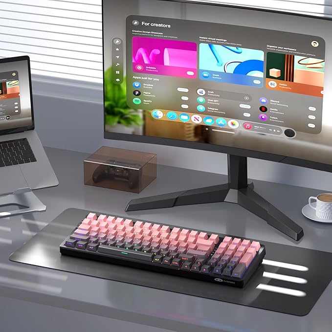 MageGee LIGHT100 Wireless Creamy Keyboard Gasket Structure Hot Swappable 2.4G/USB-C/BT5.0 RGB Backlit Mechanical Gaming Keyboard for Win/Mac/PC 8000mAh Battery Side Printed PBT Keycap Pink