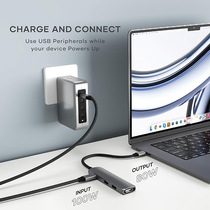 Satechi 4 in 1 USB C Hub Multiport Adapter with HDMI 4K@60Hz 100W PD Charging 2X USB-A Data Ports for MacBook Air/Pro M5/M4 iPad Windows – Space Gray