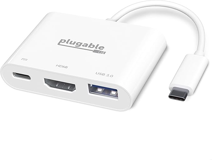 Plugable USB C to HDMI Multiport Adapter Driverless 3-in-1 Hub with 4K HDMI Output USB 3.0 and USB-C Charging Port Compatible with MacBook Chromebook Dell XPS Thunderbolt 3 and More
