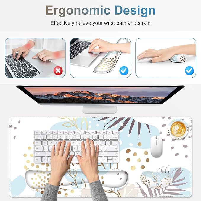 Large Gaming Mouse Pad Set 4 in1 Ergonomics Keyboard Desk Mat with Memory Foam Wrist Rest Computer Extended Game Mousepad Non-Slip Desk Pad Matt Easy Typing Pain Relief I Art Modern Blue