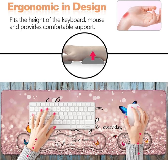 Ergonomic Keyboard Wrist Rest &amp Mouse Pad Wrist Rest Set Large XXL Gaming Desk Mat 31.5x 11.8 Non-Slip Base Memory Foam Easy Typing Pain Relief for Office &amp Home Glitter Quote Live Laug