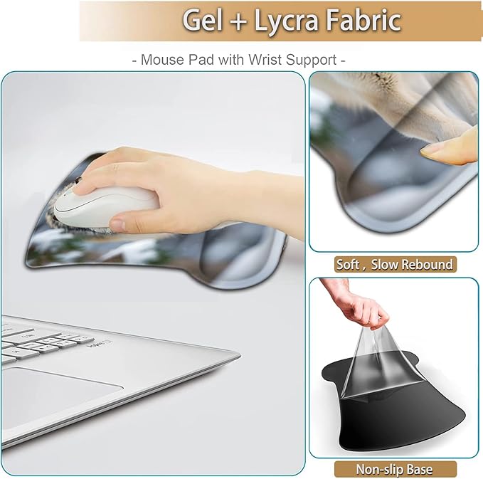 Keyboard Wrist Rest and Mouse Pad Wrist Support Set Ergonomic Gel Mouse Pad Wrist Rest with Non-Slip Base for Home Office Desk Pad Easy Typing Wolf in Snowy Forest Pattern Gaming Mouse Mat
