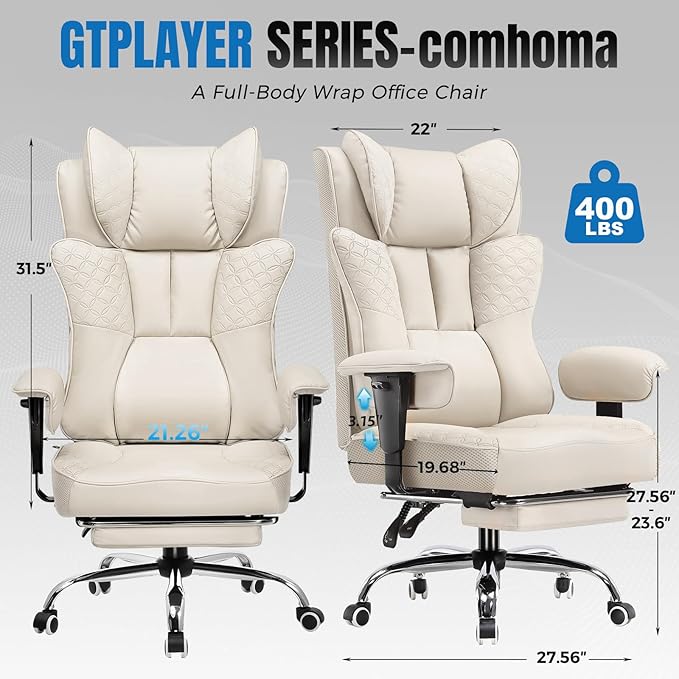 GTPLAYER Big and Tall Office Chair 400LBS Wide Ergonomic Gaming Chair with Deluxe Embossing Designed Leather with Foot Rest150°Reclining Adjustable Soft Armrests Pocket Spring Back Support and Pillow