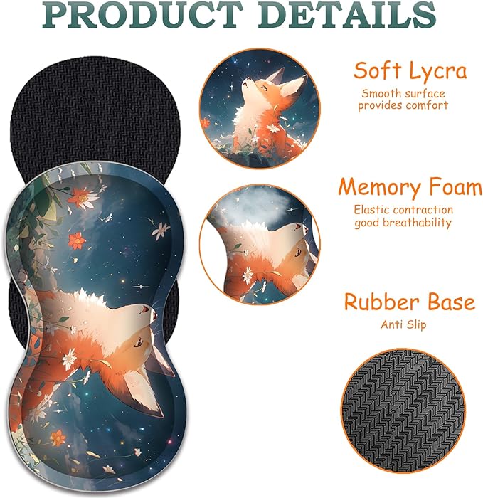 3-in-1 Large Mouse Pad Gaming Set (31.5 x 11.8 inch)+ Wrist Rest Pad + Coaster Memory Foam Gel Wrist Rest Pad for Pain Relief Stitched Edges Non-Slip Table Mat Red Fox Under The Stars