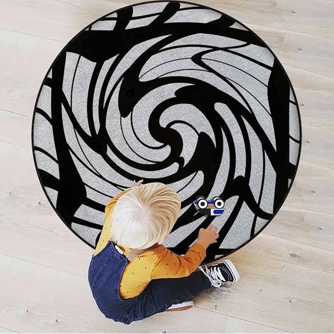 Modern Decor Round Rug for Bedroom Circular Area Rug Washable Throw Rugs Non-Slip Soft Floor Mat for Living Room Sofa Art Geometric Floral Flowers CurvedBlack White Grey Diameter 39.3 in