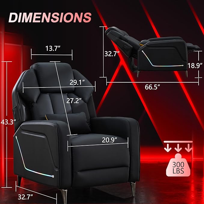 URRED Gaming Recliner Chair with LED Lights Ergonomic Video Game Reclining Chair with Footrest Lumbar Pillow Side Pocket Home Theater Recliner for Living Room Bedroom Gaming Room (Black)