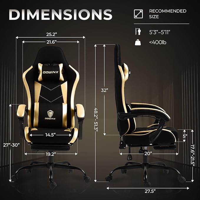 Gaming Chair with Footrest Ergonomic 330lbs Leather Mesh Chair Massage Lumbar Support Adjustable Height &amp Headrest Pillow Breathable Seat for Office Home Streaming Long Gaming Sessions Gol