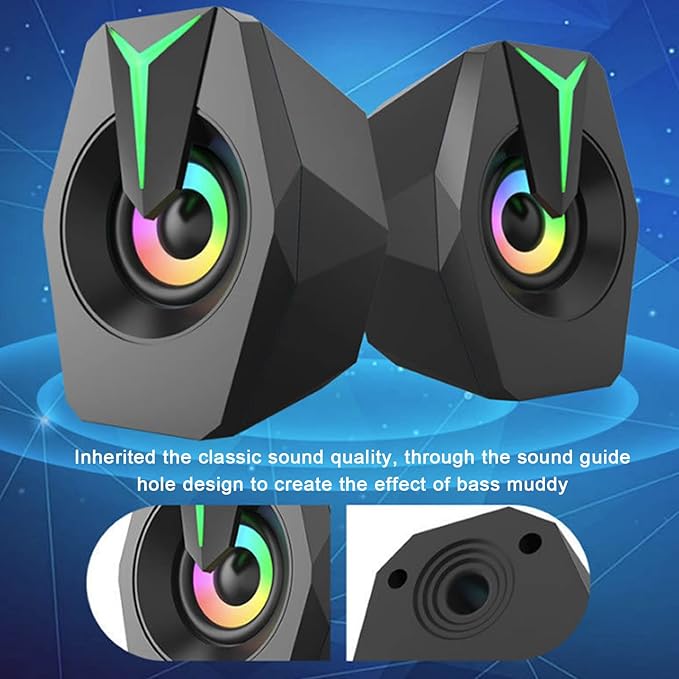 Wired SpeakerUSB Computer Speakers with RGB Lights Mini Portable Soundbar with 3D Surround Stereo and Play Anti-Slip Design USB Powered Laptop Speakers for Desktop Laptop PC(Black)