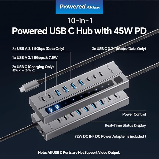 Powered USB C Hub 9-in-1 USB-Hub suppprt 10Gbps &amp PD 45W Max Charging(Not Support Video) USB Powered Hub with 3 USB-C 4 USB-A for Laptop MacBook iPad and More (72W Adapter Included)