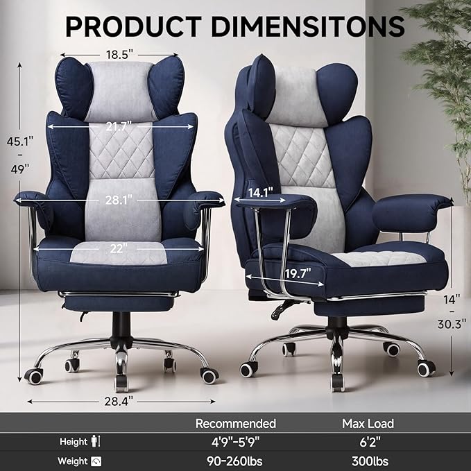 GTPLAYER Gaming ChairOffice Chair with Pocket Spring Lumbar Support Ergonomic Comfortable Wide Office Desk Computer Chair with Outward Fixed Soft Armrests and Footrest (Fabric Dark Blue &amp White