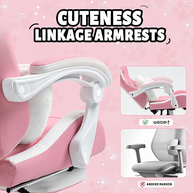 Cat Ears Gaming Chair - Pink PU Leather Ergonomic Reclining Office Chair with Footrest 310lb Capacity 6-Position Recline 360° Swivel
