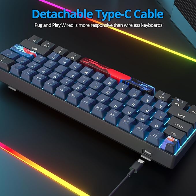 Protable 60% Percent Gaming Keyboard Mechanical Mini Compact Ice-Blue LED Backlit 61 Keys Wired Office Keyboard with Red Switch for Mac/Win/PS4/PS5（Black/Red Switch）