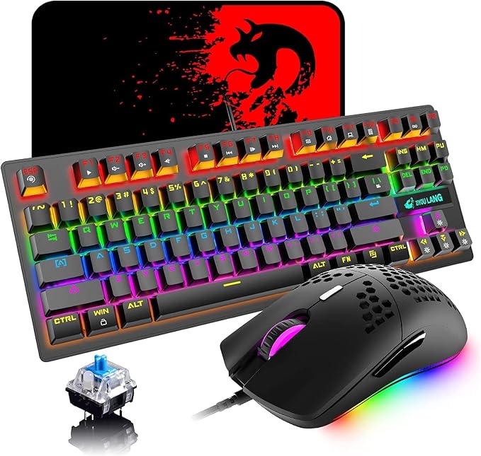 LexonElec K2 Mechanical Gaming KeyboardBlue Switch Mini 82 Keys Wired Rainbow LED Backlit KeyboardLightweight Gaming Mouse DPI Adjustable Honeycomb Optical for MAC PC Gamers(Black)