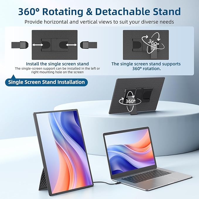 Portable Monitor 16 Inch 1200P FHD Laptop Screen Extender Dual Monitor 360° Rotating Detachable Stand Plug n Play Ultra Slim Zero Frame Travel Portable Screen for Laptop/PC/Mac/Windows/PS5