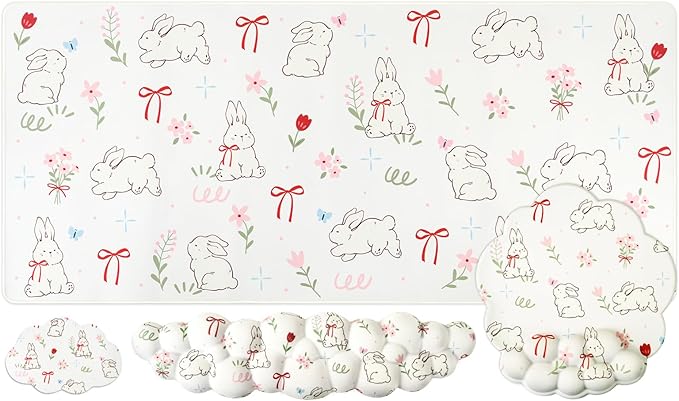 Conmputer Desk Mat Set 4 in 1 Cloud-Shaped Ergonomic Wrist Rest Set Mouse Pad with Non-Slip Base Memory Foam Silicone Lining Keyboard Wrist Rest Computers Offices Gaming Cute White Bunny