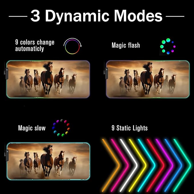 RGB Gaming Mouse Pad with Coffee Coaster XXL Large Glowing LED Mousepad Anti-Slip Rubber Base Computer Keyboard Desk Mouse Mat 31.5 X 11.8 Inch - Galloping Horse