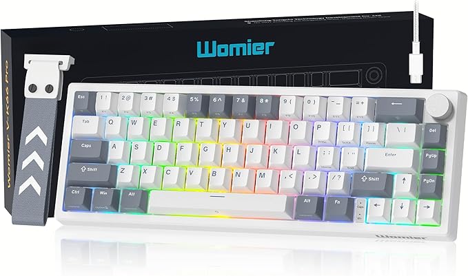 Womier VK66 PRO 60% Gaming Keyboard Wired QMK/VIA Creamy Mechanical Keyboard Hot Swappable Gasket Mount RGB Key Board &amp Translucent Keycaps (White)