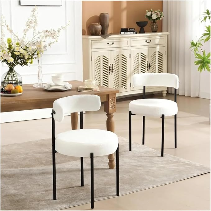 Adjustable Office Computer Chair with Armrest 2pcs Round Thicken Upholstered Kitchen Dining Chairs with Curved Backrest(White)