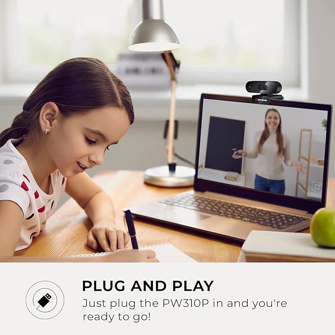 AVerMedia PW310P Webcam - Full 1080p 30fps HD Camera with Autofocus and Dual Stereo Microphones Work from Home Remote Learning - NDAA Compliant