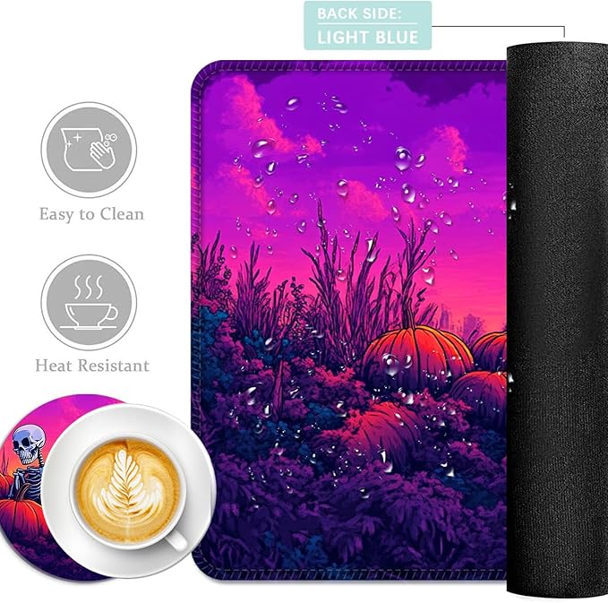 Keyboard Mouse Pad Set Extended Gaming Mouse Pad+Ergonomics Keyboard Wrist Rest Support Memory Foam Easy Typing Pain Relief 4Pcs XL Ultra Thick Desk MatHalloween Skull Pumpkin