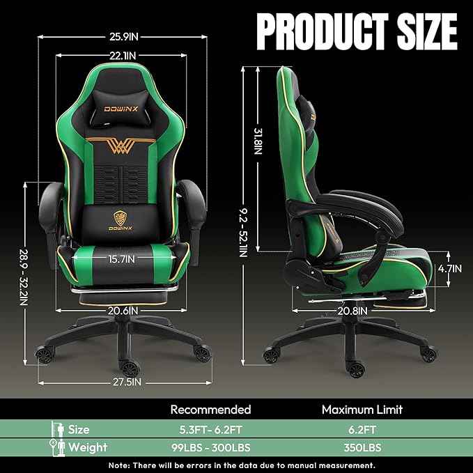 Dowinx Gaming Chair Big and Tall 350LBS Heavy Duty PC Gaming Chair with Massage &amp Footrest Ergonomic Reclining Gamer Chair with Embroidered Esports Design Green